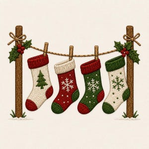 May include: Four Christmas stockings hang from a rope tied between two wooden posts. The stockings feature red, green, and cream colors with embroidered patterns of a pine tree and snowflakes. Holly leaves and red berries decorate the posts.