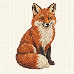 Puede incluir: Un parche bordado que muestra un zorro rojo detallado sentado. El zorro tiene un pelaje naranja vibrante y marrón rojizo, pecho y garganta blancos, orejas negras y patas delanteras negras. La cola es tupida con una punta blanca prominente al final.