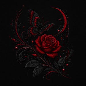 Könnte beinhalten: Eine digitale Illustration auf schwarzem Hintergrund mit einer leuchtend roten Rose mit dunklen Blättern, begleitet von einem Schmetterling mit schwarz-roten Flügelmustern. Eine dünne rote Mondsichel und kleine rote Perlen hängen rechts.