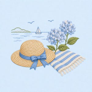 May include: An embroidery design on light blue fabric featuring a tan straw hat with a blue ribbon bow, a striped blue and white fringed towel, and two clusters of blue hydrangea flowers. A sailboat and distant hills are stitched above.
