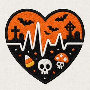 May include: A heart-shaped embroidered patch featuring an orange upper section with black silhouettes of bats, a cross, and tombstones. The lower black section displays a white heartbeat line, a candy corn, a skull, and a mushroom with white spots.