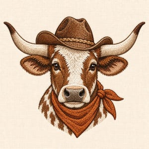 Broderidesign för västerländsk longhorncowboy, rustikt ranchdjur (digital nedladdning)