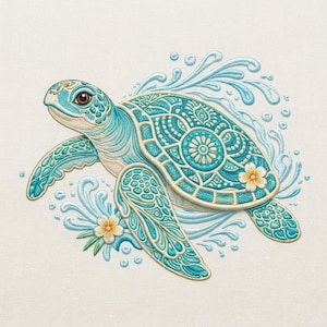 May include: Embroidered sea turtle design in turquoise and cream hues, featuring detailed patterns on its shell and flippers. The turtle is set against stylized water splashes and small yellow flowers, evoking a tranquil, aquatic scene.