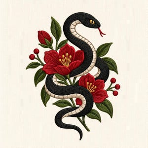 Gothic Snake Floral Embroidery Design, Botanical Serpent Pattern (Digital Download)