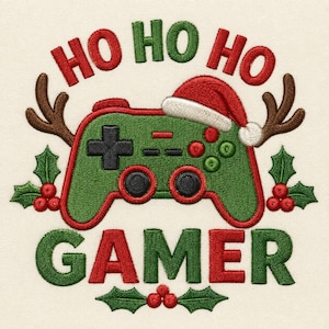 May include: An embroidered design featuring a green video game controller wearing a red and white Santa hat with brown reindeer antlers. The text HO HO HO is stitched in red and green above, and GAMER is stitched in red and green below.