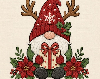 May include: An embroidery design of a gnome wearing a red hat with white snowflake accents and brown reindeer antlers. The gnome has a white beard, green sleeves, and black boots, holding a gift box with a red bow, surrounded by red poinsettias.