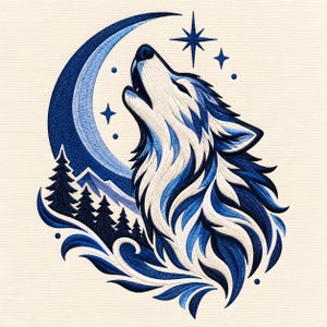 Howling Wolf Moon Embroidery Design, Mountain Night Sky (Digital Download)
