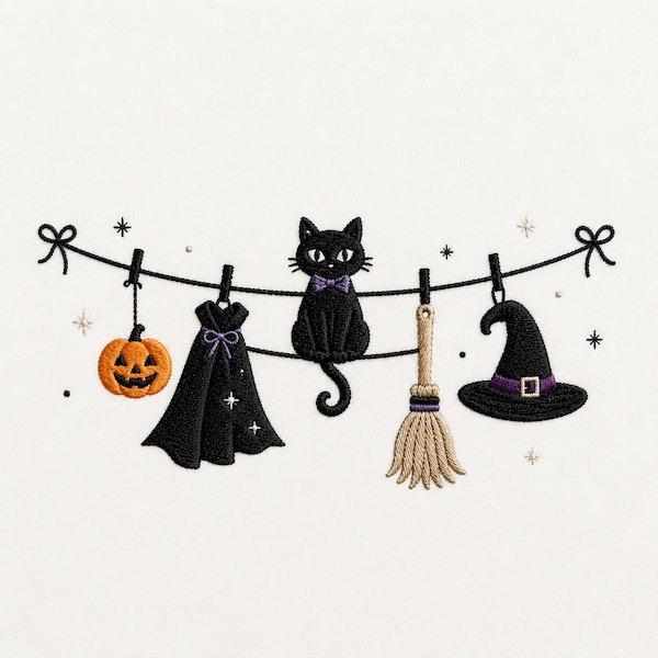 Halloween Clothesline Machine Embroidery Design, Black Cat Witch Decor Embroidery File, Digital Download