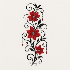 May include: An embroidery design featuring three vibrant red flowers with white centers, connected by black swirling vines and leaves. The pattern includes delicate black beaded accents that terminate in small red diamond-shaped pendants.