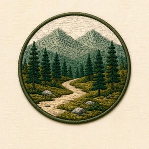 May include: A circular embroidered patch featuring a landscape scene with two green mountain peaks in the background, a forest of tall pine trees, and a winding light-colored path leading through a grassy field with scattered gray rocks.