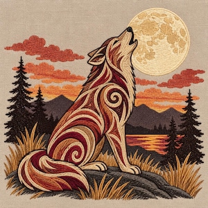 May include: An embroidery design on beige fabric featuring a stylized wolf howling at a full moon. The wolf has swirling patterns in shades of brown, cream, and red. The background includes dark pine trees, mountains, and orange clouds.