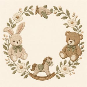 Op de afbeelding: Een borduurontwerp met een cirkelvormige krans van witte bloemen, groene bladeren en kleine bessen. De krans bevat een lichtbruin konijn, een bruine teddybeer, een klein hobbelpaard en een speelgoedvliegtuig in zachte, gedempte tinten.