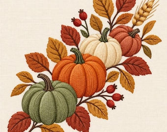 May include: An embroidery design featuring three pumpkins in sage green, orange, and cream, surrounded by autumn leaves in shades of red, gold, and brown, along with small red berries and a stalk of wheat on a light beige fabric background.