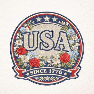 USA Floral Embroidery Design, Patriotic Flower Badge, Vintage Style (Digital Download) AH443-04