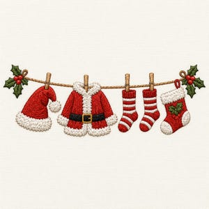 Pode incluir: Um design de bordado apresentando um varal com um gorro de Papai Noel vermelho e branco, uma jaqueta vermelha com acabamento branco e cinto preto, duas meias listradas de vermelho e branco e uma meia de Natal vermelha com padrão de azevinho.