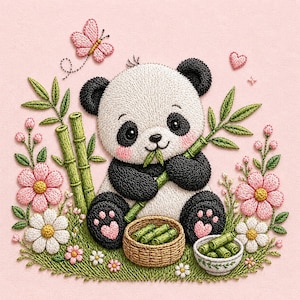 Könnte beinhalten: Gestickter Panda-Bär mit schwarz-weißem Fell, rosa Wangen und schwarzen Augen, der Bambus hält. Das Bild enthält einen rosa Schmetterling, rosa Blumen und einen Korb mit Bambussprossen auf rosa Hintergrund.