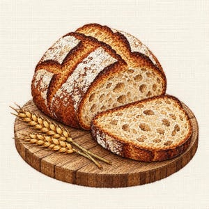 May include: A round loaf of sourdough bread with a dark, scored crust and a light, airy interior, accompanied by a single slice and two stalks of golden wheat, all rendered in detailed embroidery on a circular wooden board.