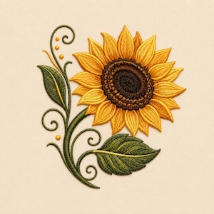 Puede incluir: Un diseño de bordado que presenta un girasol amarillo vibrante con un centro marrón oscuro, acompañado de hojas de color verde intenso y elegantes acentos de enredaderas en espiral. El bordado es detallado y muestra pétalos texturizados.