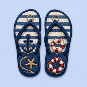 May include: A pair of flip-flops featuring a nautical theme with navy blue and white horizontal stripes. The left sandal displays a navy blue anchor and a gold starfish with rope detail. The right sandal features two red and white life rings.