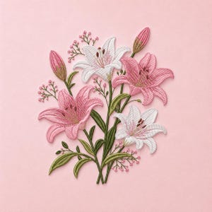 Puede incluir: Un diseño de bordado que presenta un ramo de lirios en tonos blanco y rosa. El arreglo incluye dos lirios blancos en plena floración, dos lirios rosas y dos capullos rosas cerrados, todo acentuado con pequeñas ramitas rosas y hojas verdes.