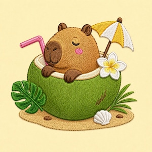 Peut inclure: Un écusson brodé représentant un capybara marron assis dans une noix de coco verte. Le capybara est accompagné d'une paille rose, d'un parasol à cocktail jaune et blanc, d'une fleur de frangipanier blanche, d'une feuille de monstera et d'un coquillage.