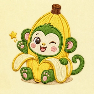 Peut inclure: Un écusson brodé représentant un singe vert aux joues et pattes roses, vêtu d'un costume de peau de banane jaune. Le singe fait un clin d'œil et salue, avec une petite étoile jaune à côté. Le motif est brodé sur un tissu jaune clair.