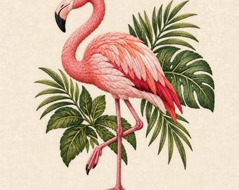May include: An embroidered illustration of a pink flamingo standing on one leg, surrounded by detailed green palm and monstera leaves. The flamingo features shades of light and dark pink with a black-tipped beak, set against a textured cream background.