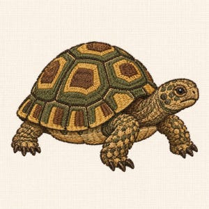 Puede incluir: Un parche bordado que muestra una tortuga con un caparazón detallado en tonos verde oliva, marrón y bronceado. El diseño presenta intrincados patrones de costura en las placas del caparazón, la piel texturizada de la cabeza y las cuatro patas con garras.