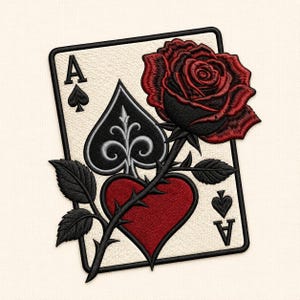 Puede incluir: Un parche bordado con el diseño de una carta de juego As de picas. La carta tiene un fondo crema con bordes negros, un símbolo de pica negro y un corazón rojo. Una gran rosa roja con sombreado negro y hojas verdes está superpuesta.
