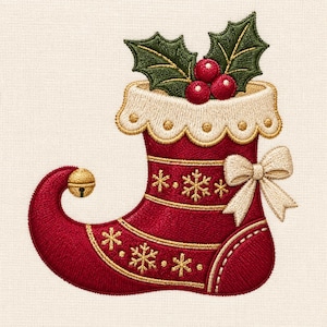 May include: An embroidered red Christmas stocking with a curled toe featuring a gold jingle bell. The stocking has a white scalloped cuff, green holly leaves with red berries, gold snowflake patterns, and a cream-coloured fabric bow on the side.