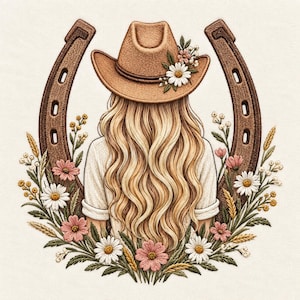 Peut inclure: Un motif brodé représentant une personne aux longs cheveux blonds portant un chapeau de cow-boy beige orné de fleurs blanches et roses. Un grand fer à cheval marron encadre la silhouette, entouré de marguerites et d'épis de blé.