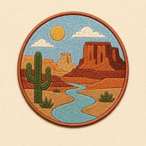 Desert Landscape Embroidery Design, Southwest Cactus Scene Patch (Digital Download)