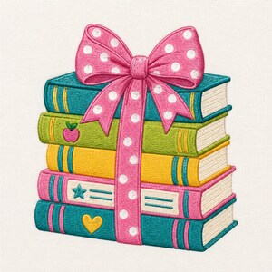 May include: An embroidered stack of five books tied with a large pink polka-dot bow. The books are teal, lime green, yellow, pink, and teal, featuring decorative spine details, a small apple icon, a star icon, and a yellow heart icon on the covers.