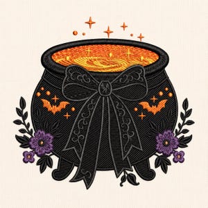 Halloween Cauldron Embroidery Design, Black Witch Pot with Bow Machine Embroidery File (Digital Download)