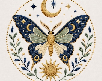 Luna Moth Embroidery File, Celestial Butterfly Moon Sun Design (Digital Download)