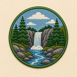 May include: A circular embroidered patch featuring a landscape scene with a waterfall cascading over grey rocky cliffs into a blue river. The scene includes green pine trees, grassy banks, and white clouds in a light blue sky, all bordered by a dark green edge.