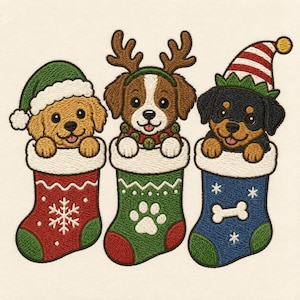 May include: An embroidery design featuring three puppies in Christmas stockings. The left puppy wears a green hat in a red stocking with a snowflake. The center puppy has reindeer antlers in a green stocking with a paw print. The right puppy wears a striped elf hat in a blue stocking with a bone.