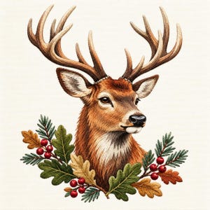 May include: An embroidered illustration of a deer head with large antlers, surrounded by green oak leaves, brown autumn leaves, and clusters of small red berries. The deer has brown fur, a white throat patch, and dark eyes on a cream background.