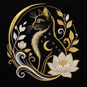 Motif de broderie Chat Noir, Lotus Lune Céleste, fichier machine (téléchargement numérique)