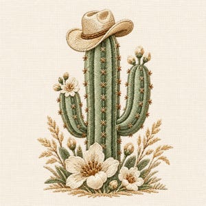 Broderidesign med västerländsk kaktus, cowboyhattblommor (digital nedladdning)