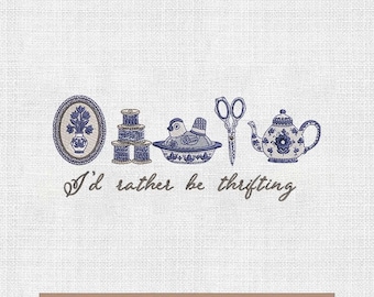 I'd Rather Be Thrifting Embroidery Design, Blue Toile Machine Embroidery File (PES DST JEF)