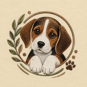 May include: An embroidered design featuring a tricolour beagle puppy with brown, black and white fur, framed by a circular border with a leafy branch on the left side and a small paw print on the right, all set against a light beige fabric background.