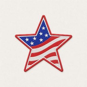 May include: Embroidered star patch featuring the American flag design. The star has a red border, blue upper section with white stars, and red and white stripes. A patriotic emblem for clothing or accessories.