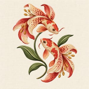 Peut inclure: Un motif de broderie représentant deux poissons koï aux écailles blanches et rouges, chacun se fondant dans une fleur de lys rouge et crème tachetée. La composition comprend des feuilles et des tiges vertes, les corps des poissons se transformant en pétales.