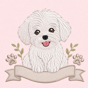 Maltese Puppy Embroidery Design, Personalized Dog Banner File (Digital Download)