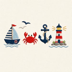 May include: An embroidery design featuring a blue and white sailboat with a red flag, two birds, a red crab, a blue anchor wrapped in rope, and a red and white striped lighthouse on a rocky base with blue waves underneath the boat and lighthouse.
