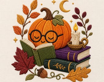 May include: An embroidery design featuring an orange pumpkin with black glasses reading an open green book. The scene includes a stack of purple and dark green books, a lit candle in a holder, an acorn, autumn leaves, and a crescent moon.