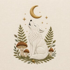 Wolf Moonlit Forest Embroidery Design, Mushroom Scene (Digital Download)