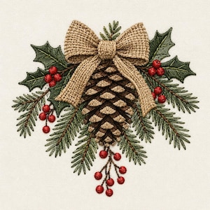 Christmas Pinecone Embroidery Design: Rustic Bow, Holly, Evergreen (Digital Download)