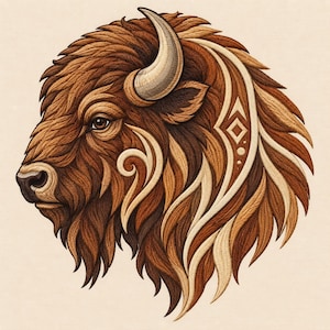May include: An embroidered profile of a bison head featuring thick, textured fur in shades of dark brown, medium brown, and cream. The design includes stylized, flowing cream-colored patterns integrated into the fur and a single curved horn.